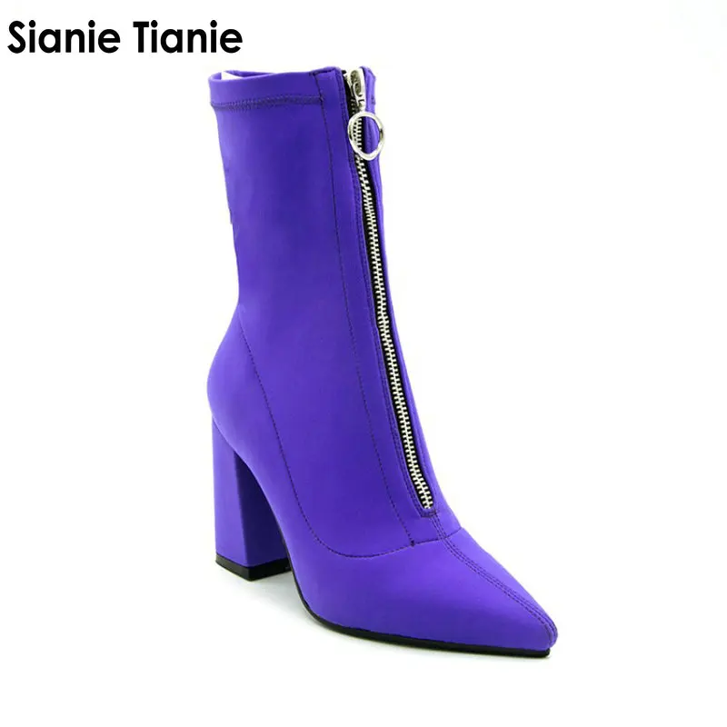 

2018 Autumn Women Sock Boots Pointed Toe Elastic High Boots Slip On High Heel purple Ankle Boots Women Pumps Square heel shoes