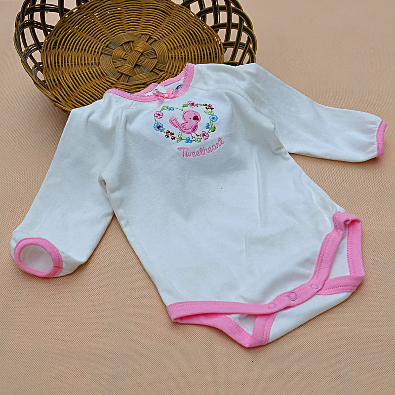 

European and American 100% cotton wholesale autumn long-sleeved cute birds embroidered new born babysuit/jumpsuit for baby girl