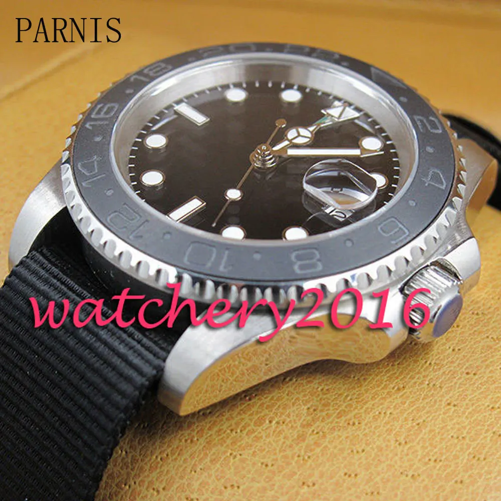 Роскошные Parnis 40rmm черный стерильный циферблат сапфировое стекло черный матовый керамический ободок белое окно даты GMT автоматические мужские часы