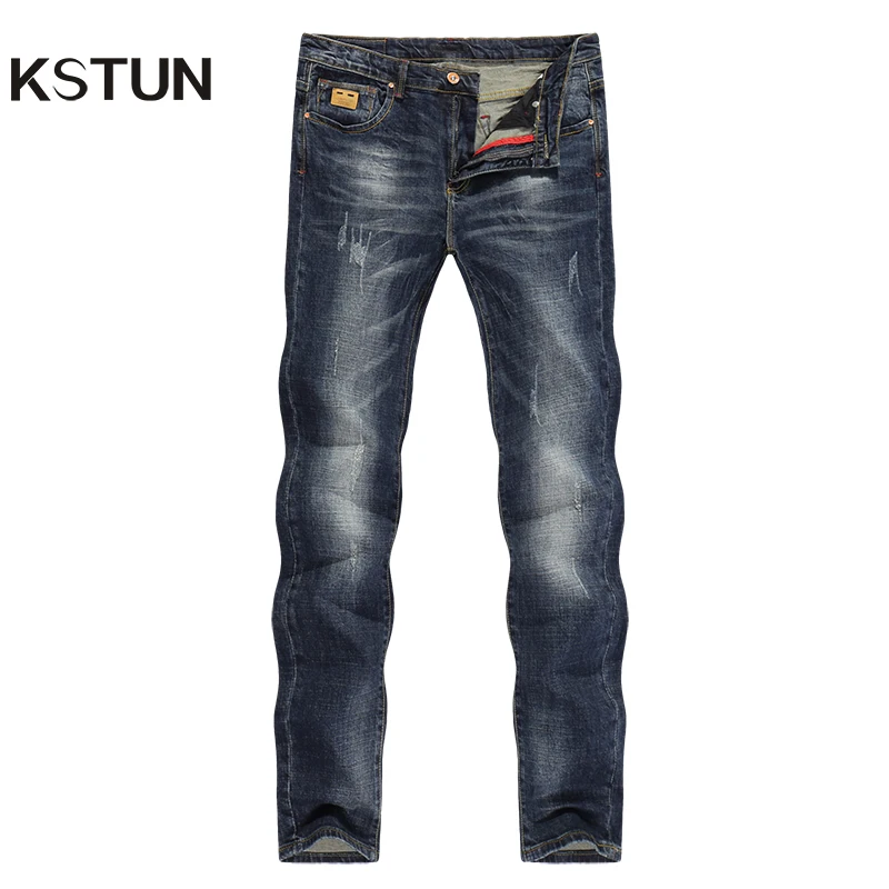 

KSTUN Mens Jeans Brand Dark Blue Autumn and Winter Slim Straight Stretch Business Casaul Man Denim Pants Cowboys kot pantolon