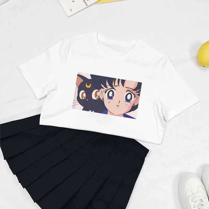 Милая футболка Сейлор Мун, летняя мода, Harajuku, большой размер, S-2XL, короткий рукав, принт с героями мультфильмов, буквы, топы, футболки
