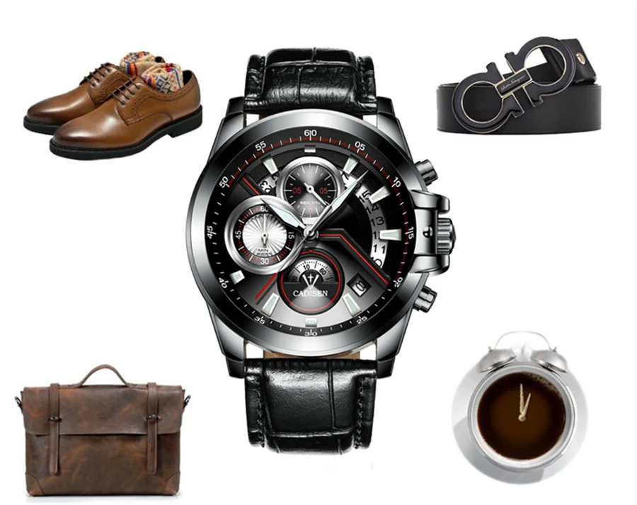 CADISEN оригинальные Роскошные брендовые кожаные кварцевые часы мужские часы с календарем Хронограф Спортивные Военные Наручные часы Relogio Masculino