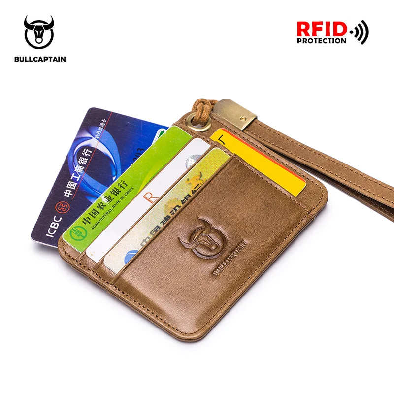 

BULLCAPTAIN 2019 Genuine Leather Business Credit Card Holder mini RFID Card protection Unisex ID Holders CARDS WALLET WITH WRIST