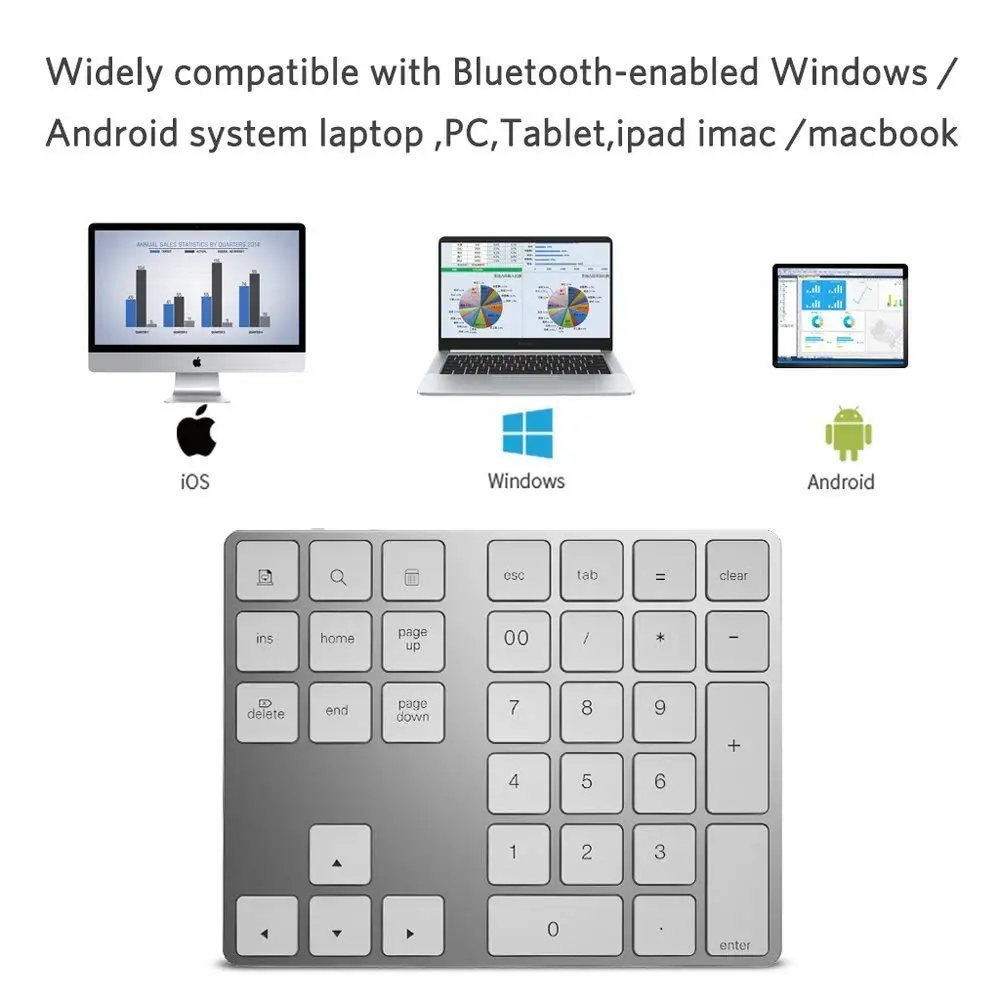 Zienstar Bluetooth цифровая клавиатура, Портативный Беспроводной; большие размеры 34-ключ внешний номер тормозные колодки для компьютера, ноутбука, Macbook, планшетный ПК с системой андроида