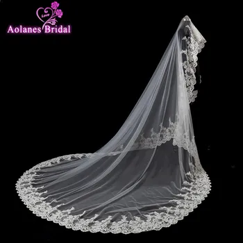 

AOLANES 4 Meter Ivory One Layer Cathedral Length Lace Bead Pearls Edge Wedding Veil Long Bridasl Veil Voile Mariage 2018