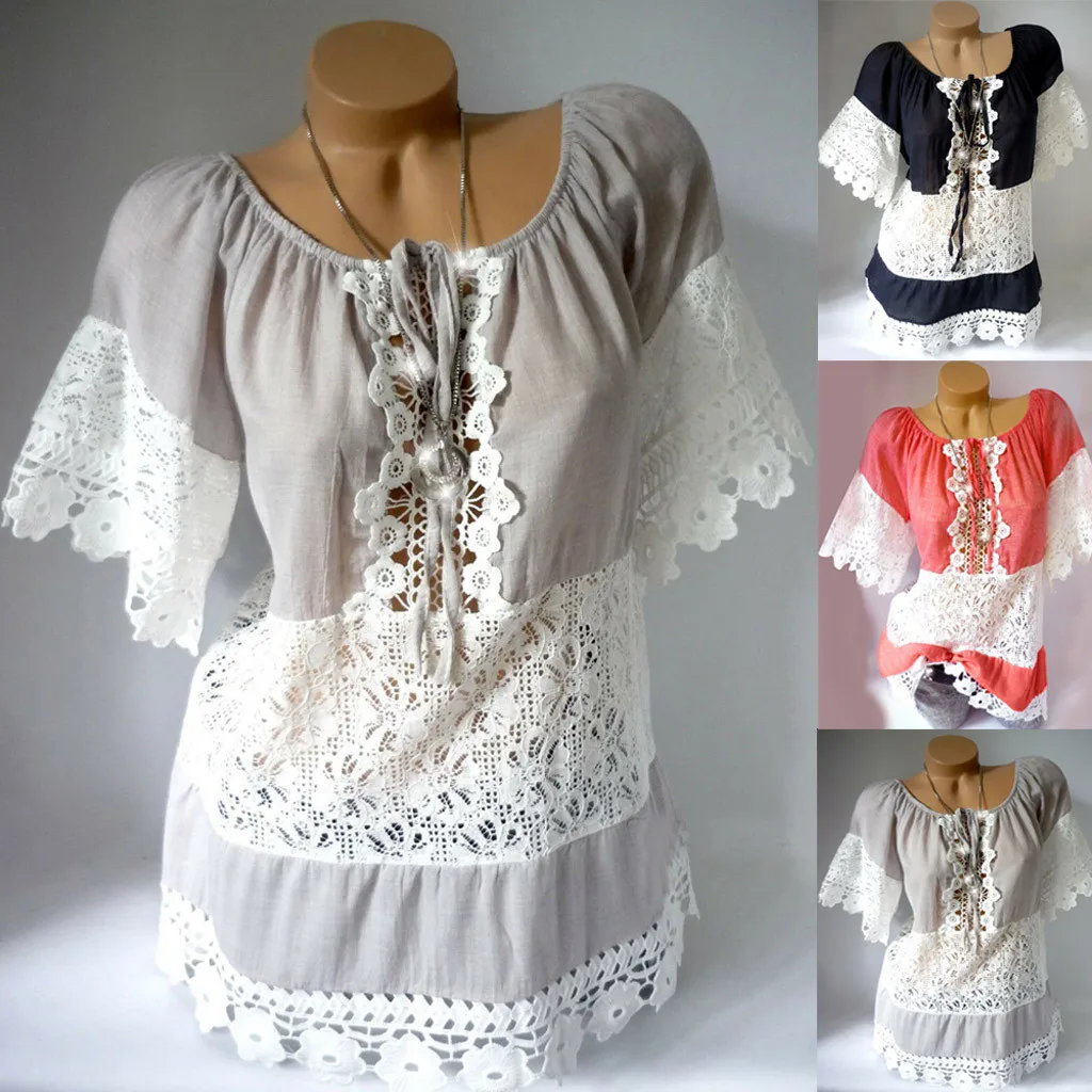 

Lace summer t shirt women new arrivals Patchwork top women 2019 spring clothes Short Sleeve t shirt women haut femme #G8