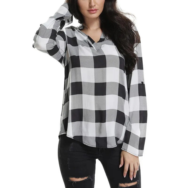 

CALOFE Women V-Neck Plaid Print Blouses Casual Long Sleeve Plus Size Shirts Top Spring Office Tunic 5XL Blusas Feminina 2019