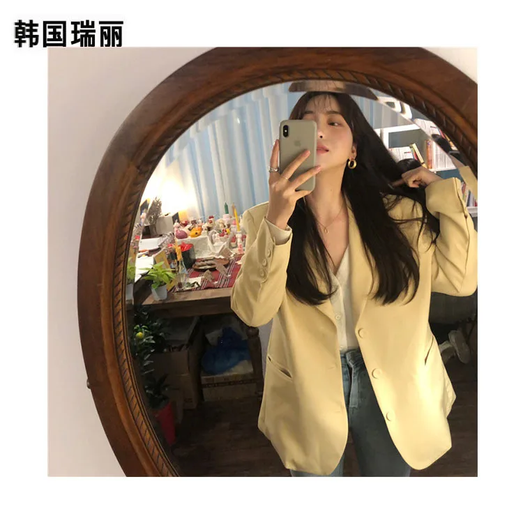 Cream Yellow Simple Temperament Loose Suit Coat Notched Single Breasted Clothes Blazers and Jackets Suit Coat Women 2019
