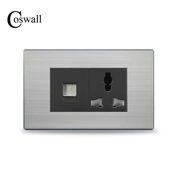 

COSWALL Luxury 3 Hole Universal Power Socket With Telephone Wall Outlet Tel Jack Stainless Steel Panel 118mm*72mm