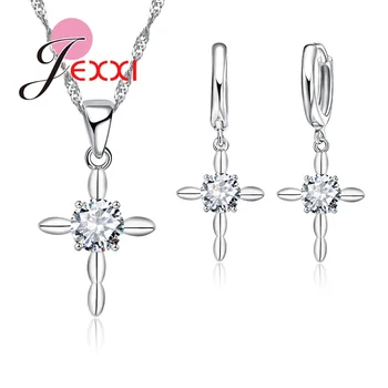

Christmas Gift Shiny Cross Pendant Necklace Earrings Sets Cubic Zirconia 925 Sterling Silver Jewelry Set Drop Shipping