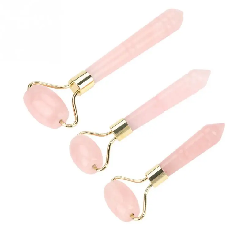 Natural Rose Quartz Roller Massager Welding Gold Metal Roller