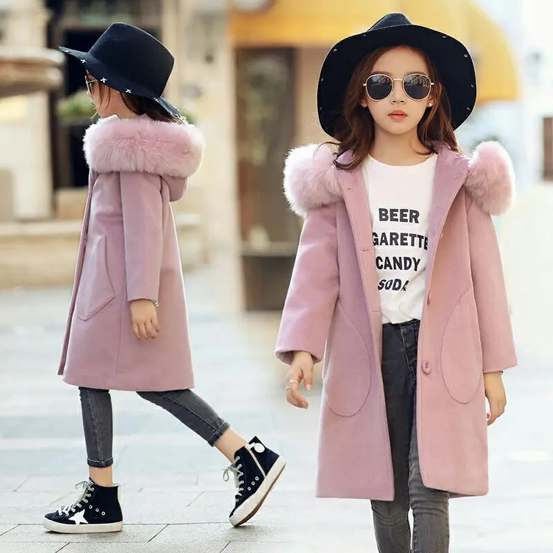  2019 Baby Girls Pink Thick Large Fur Collar Woolen Coat Hooded Jacket Children Autumn Winter Clothe