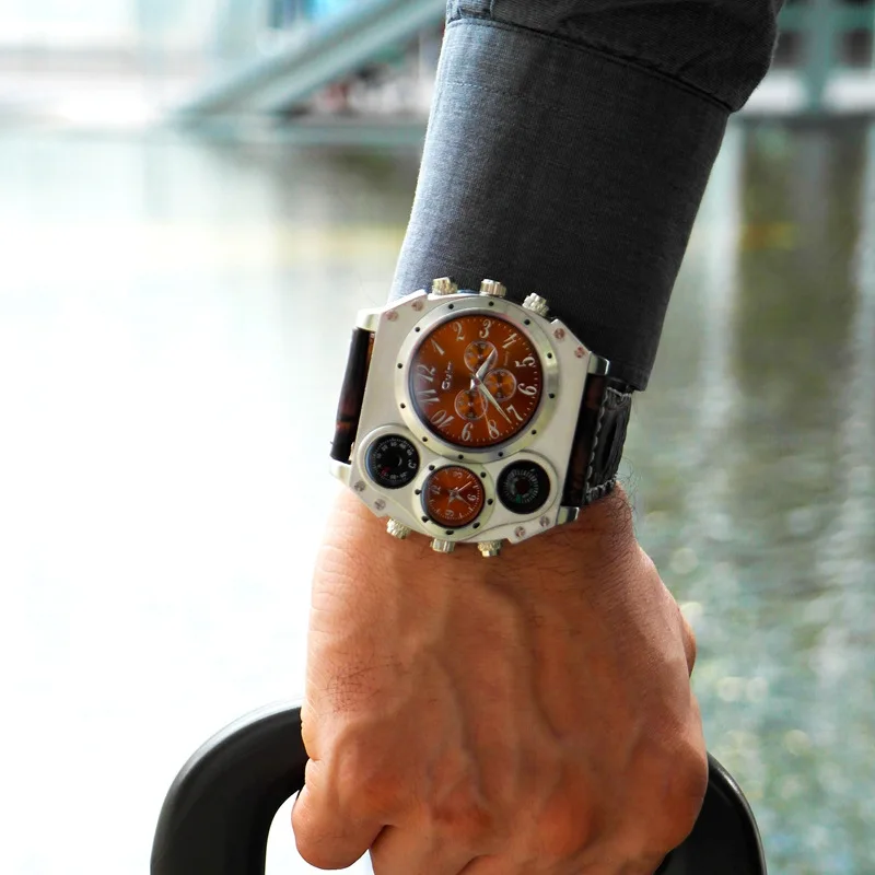 New Model OULM Watch Men Quartz Sports Leather Strap Watches Unique Male Military Wristwatch Big Quartz Clock Relojes Hombre