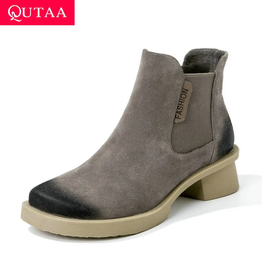 

QUTAA 2020 New Autumn Winter Middle Heel Fashion Platform Retro Ankle Boots Cow Leather Slip on Novelty Women Shoes Size 34-39