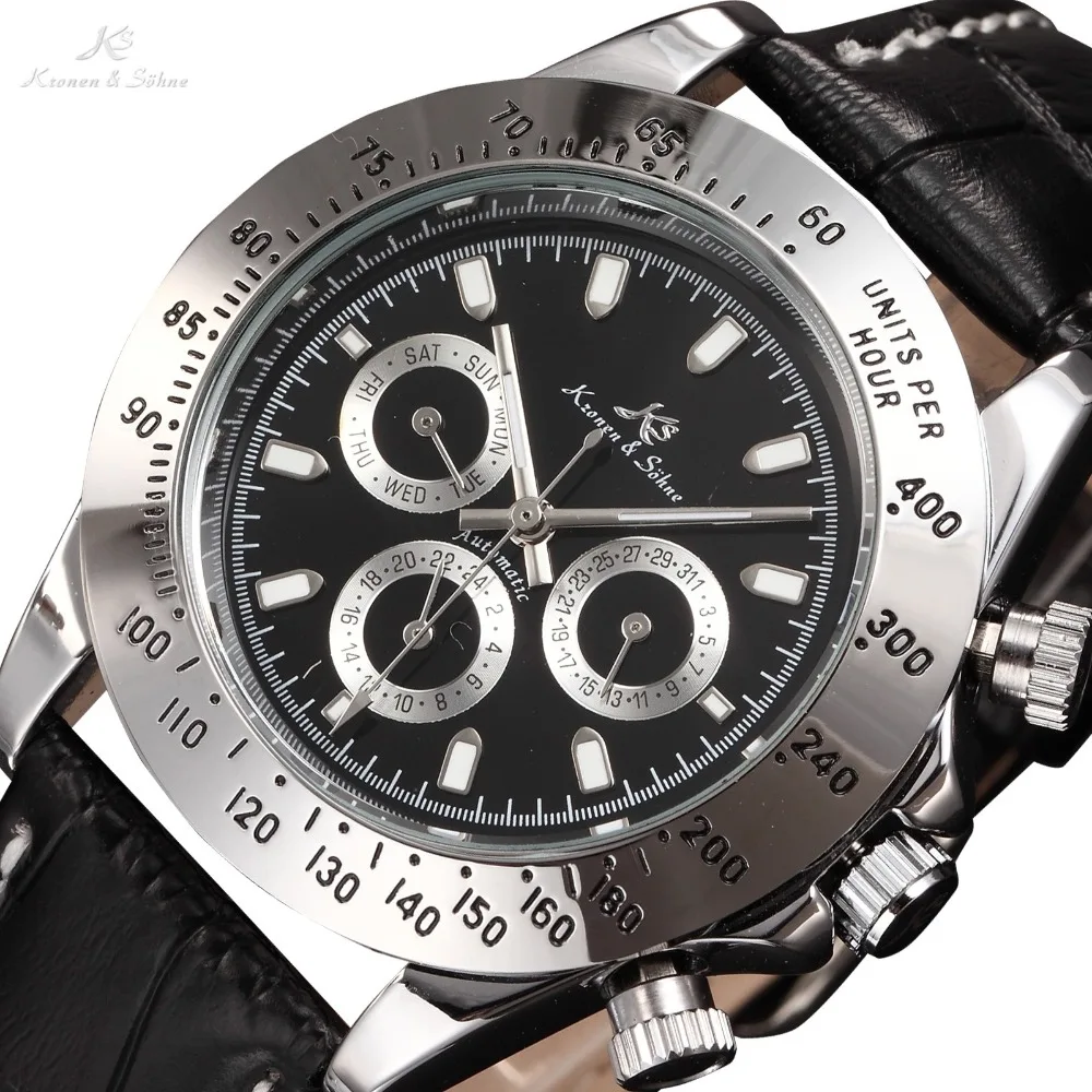 كانساس الامبراطوري التقويم اليوم تاريخ عرض الذكور ساعة Relojes الجلد الأسود الصلب الكامل التلقائي الذاتي لف الميكانيكية ووتش/KS165