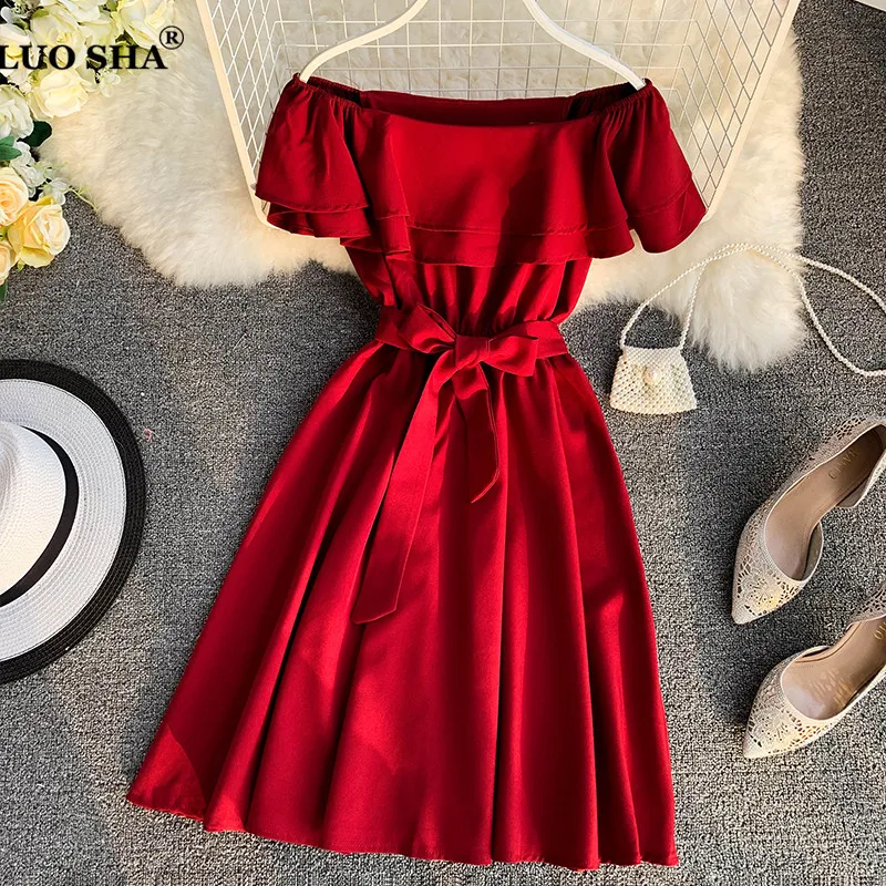 

LUOSHA Women Spring Summer Sexy Off Shoulder Slash Neck Layer Ruffles Dress Women Solid Casual Beach Dress With Sashes Vestidos