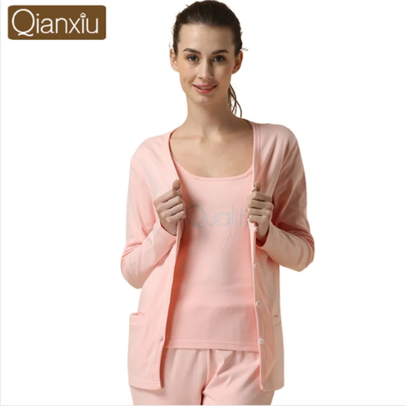 

2019 Autumn Women Casual pajama sets Female V-neck Collar cardigan shirt + tank +pants three-piece Ladies Cotton sleepwear suit