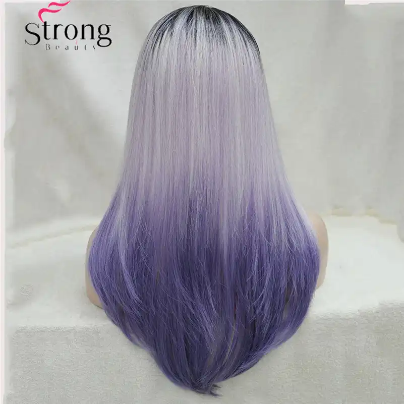 Long Straight Ombre Wig Purple Silver With Dark Roots Skin Top Wig