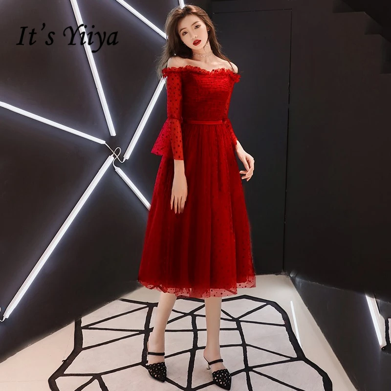 

It's YiiYa Evening Dresses Elegant Illusion Wedding Formal Dress Boat Neck Flare Sleeve Ankle-length A-line Party Gowns E301