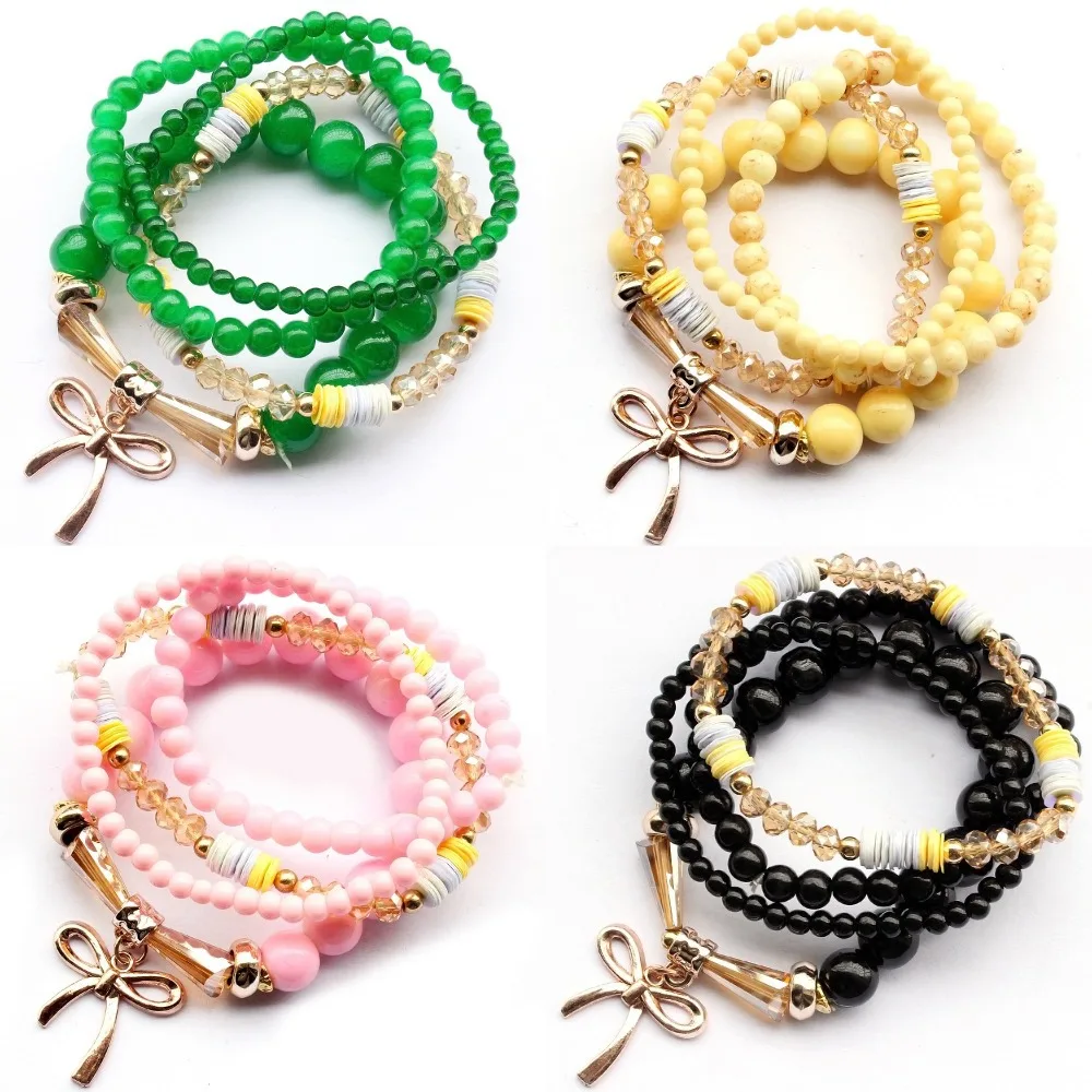 Wholesale 4PCS/set Stretch Beaded Gold Bow knot Women Wristband