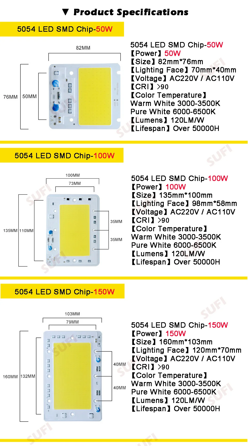 LED COB Chip 50W 100W 150W LED Lamp Bulb AC220V 110V Light Chips Smart IC Warm White For DIY 50 100 150 W Spotlight Floodlight 300w led flood light