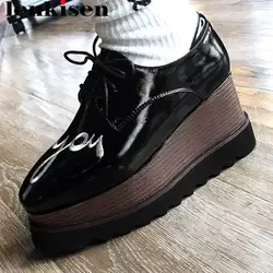 2019 г. винтажные Корова из лакированной кожи классический квадратный носок обувь на платформе, обувь на высоких каблуках на шнуровке