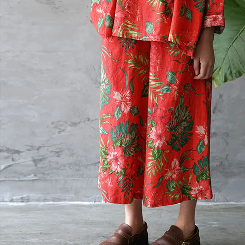 Johnature National Style Women Print Pants New Vintage Loose Fashion 2021 Spring Elastic Waist Linen Straight Calf-Length | Женская