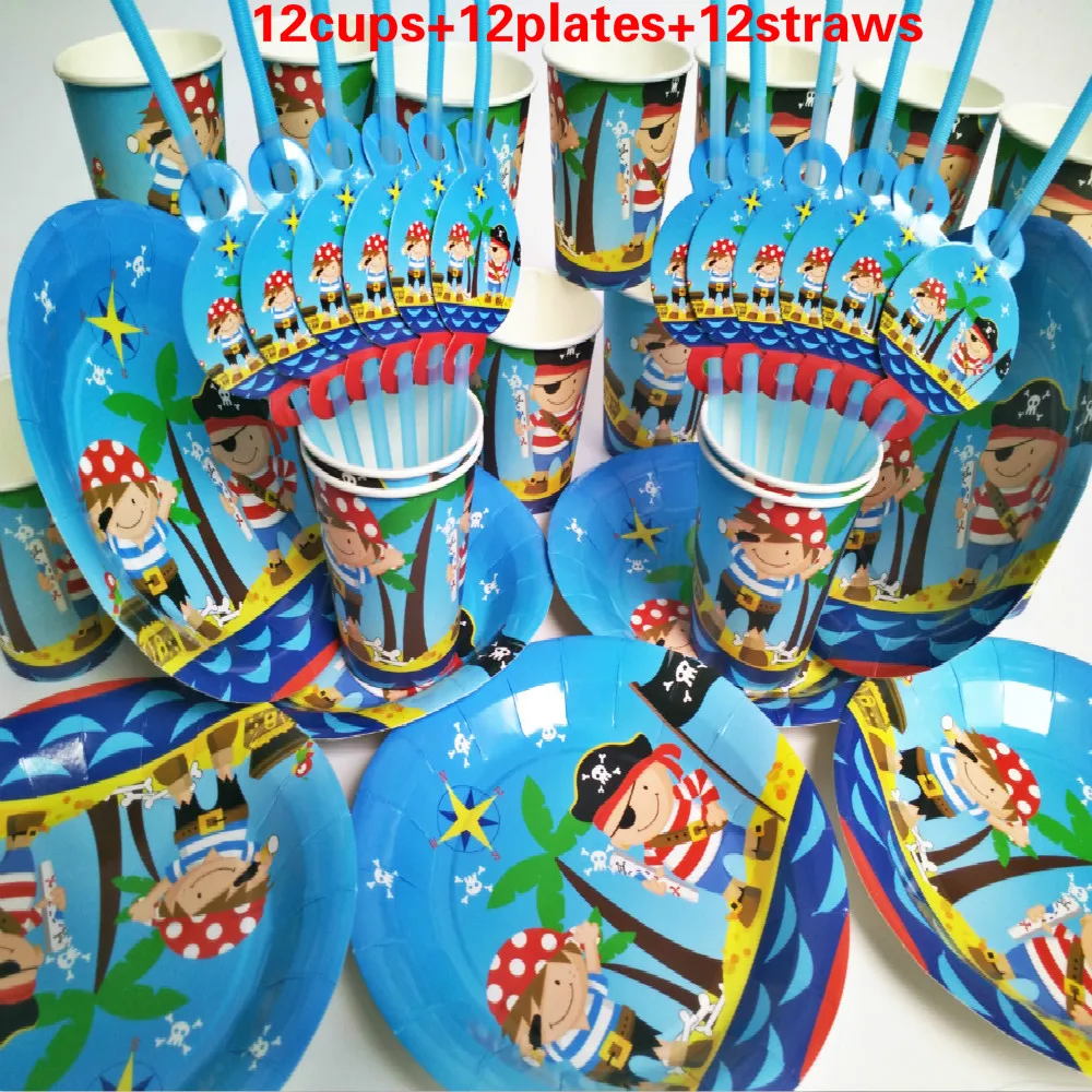 36pcs Cups Plates Straws Baby Pirate Kids Birthday Party Decoration Set