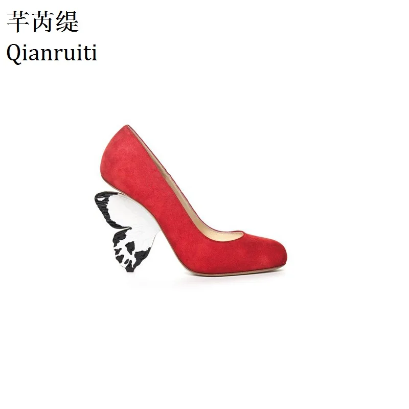 

Qianruiti Red Yellow Faux Suede High Heels Shoes Strange Style Butterfly Heels Women Pumps Hot Sale Women Wedding Party Shoes