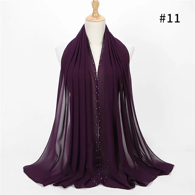 10 шт./лот, однотонные цветные шифоновые шарфы, хиджаб, мусульманский шарф с жемчугом, 20 цветов, 180*75 см - Цвет: color 11 purple