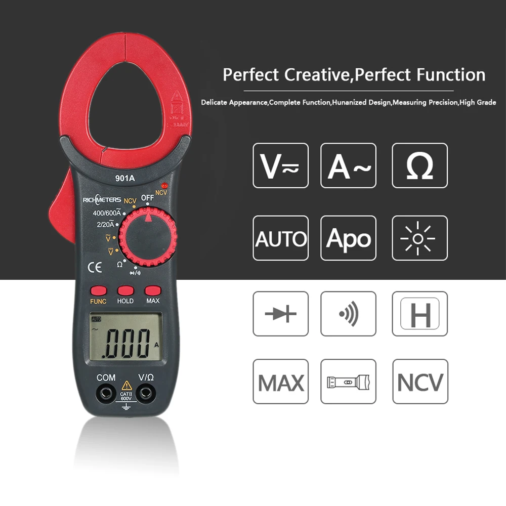 

RM901A Digital Clamp Meter Portable 4000 Counts Auto-Ranging AC/DC Voltage Frequency Resistance Capacitance Diod Measurement