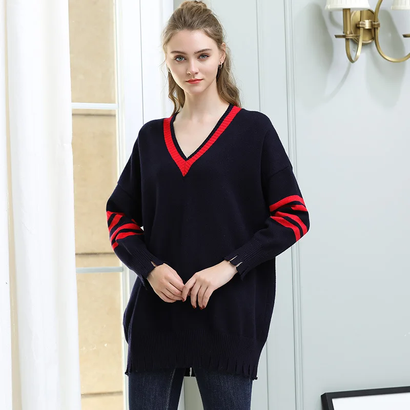 Women Sweater Pullovers 2018 Winter Lady Long sleeve V-neck Knitted Casual Loose Tops Plus size XL- XXXL | Женская одежда