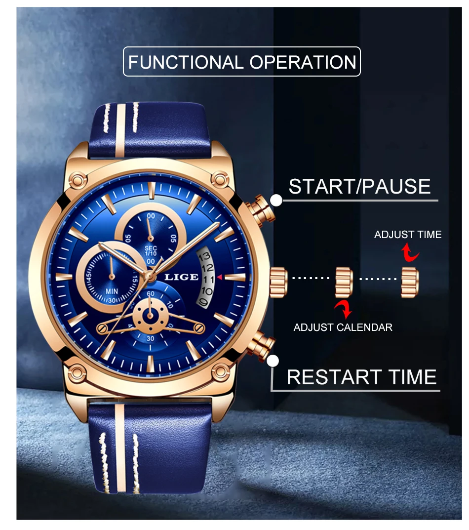 Reloj Hombre LIGE новые мужские часы хронографы аналоговые кварцевые часы мужские Дата креативный циферблат синий кожаный ремешок