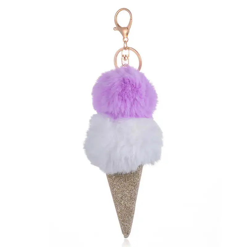 SUKI/большая блестящая полированная цепочка для ключей для llaveros mujer, сумка, двойной цвет, меховой шар, милый автомобильный брелок, сумочка, брелок - Цвет: Purple White