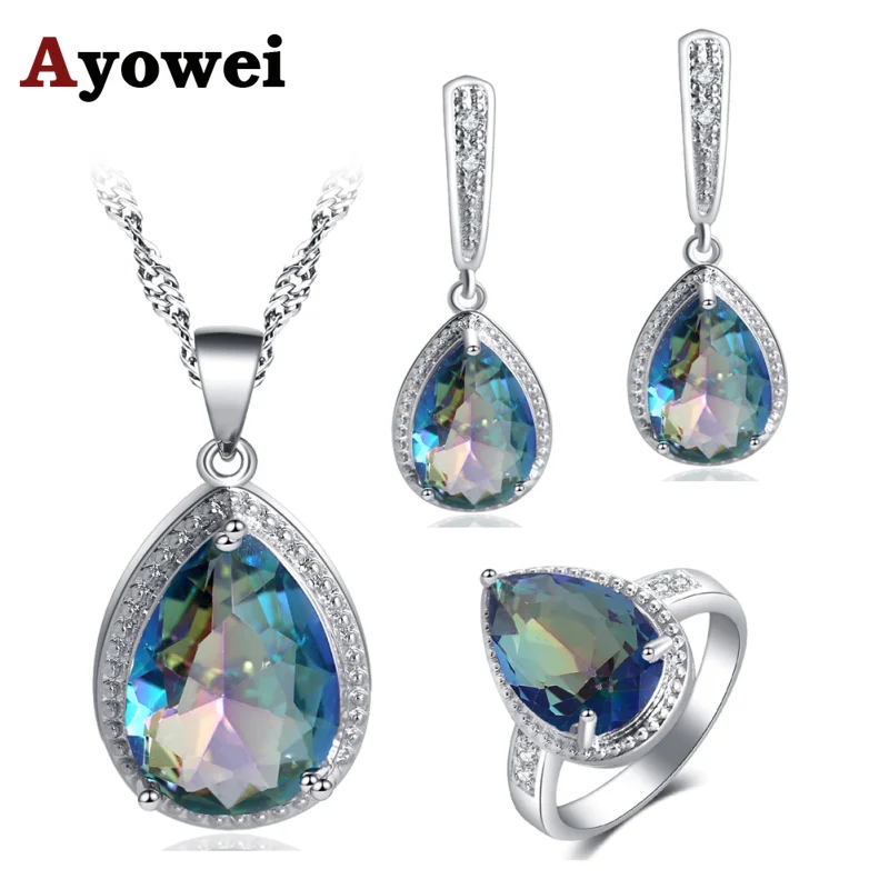 

Ayowei For Women Water Drop Design 925 Silver Blue Colorful Zircon Earrings Necklace Rings Jewelry Sets JS737A