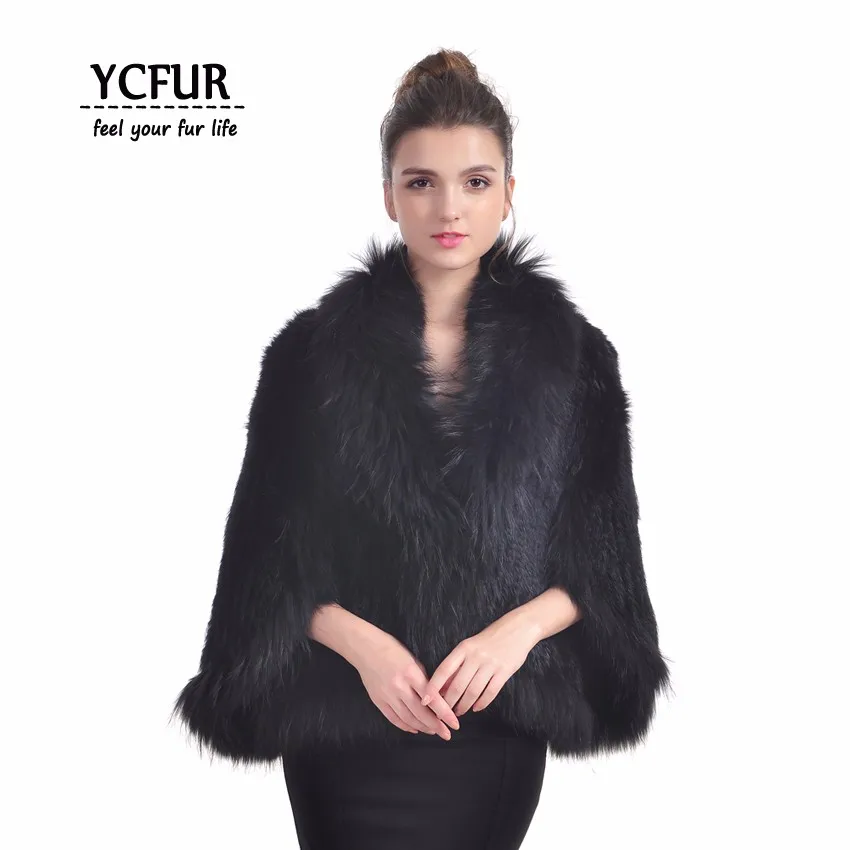 YC Fur женское пончо из пашмины зимние мягкие теплые вязаные шали из натурального кроличьего меха с мехом енота меховой воротник-шарф Обертывания для женщин