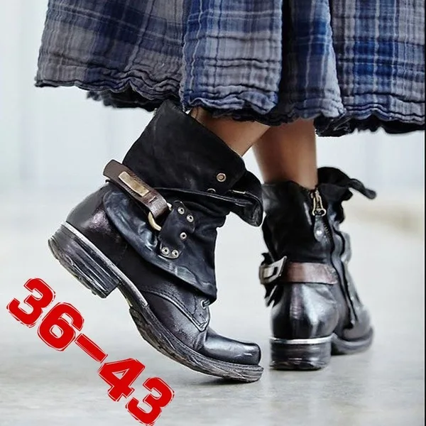 

2018 New autumn and winter Retro motorcycle boot Women Belt button Warm leather boots Square Heel zapatos mujer Ankle Boots