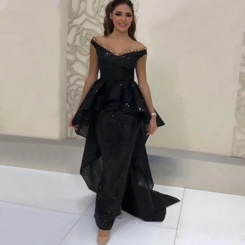 

Designer Black Sequined Mermaid Evening Dresses Off the Shoulder Beading Abric Dubai Celebrity Gown Overskirt Ruffles Prom Dress