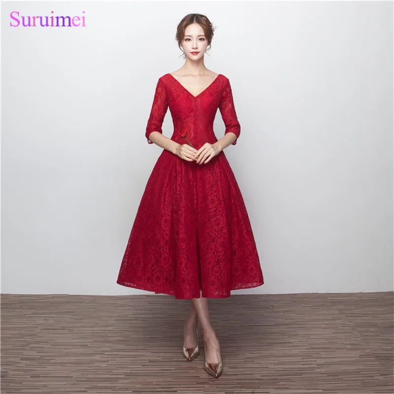 Wine Red Bridesmaid Dresses with Half Sleeves V Neck Corset Lace Up Tea