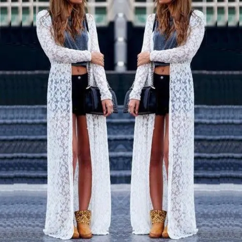 

Stylish Hot Sale Women's Solid Long Cardigan Summer Casual Lace Bikini Cover Up Swimwear Bathing Beach Robe Long Dress S-L