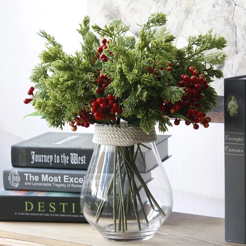

Artificial Pine Cypress Christmas Pine Tree Branches Plastic Flower Home Office Table Decoration Fake Plants Leaves