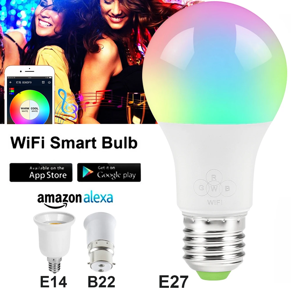 

Smart WIFI Bulb E27/E14/B22 RGBW Dimmable LED Bulb Light Bulb Works with Alexa Google Home,16 Million Colours APP Remote Control