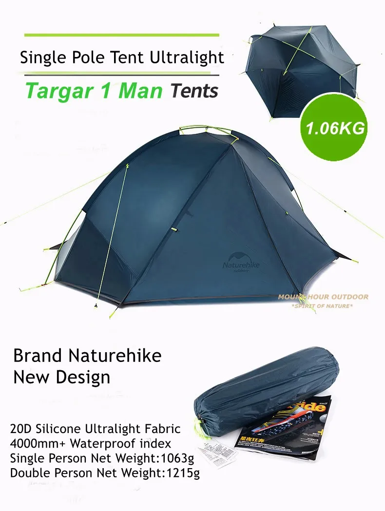 Naturehike 1KG  Single Person Backpacking Tent Pro 20D Silicone Fabric Rainproof Single Pole Ultralight NH Outdoor Hiking Camping