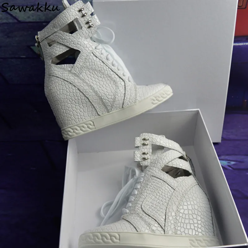 

Fashion High Top Platform Sneakers Tenis Feminino Snakeskin Leather Women Wedge Ankle Casual Shoes Hidden Heel Zip Zapatos Mujer
