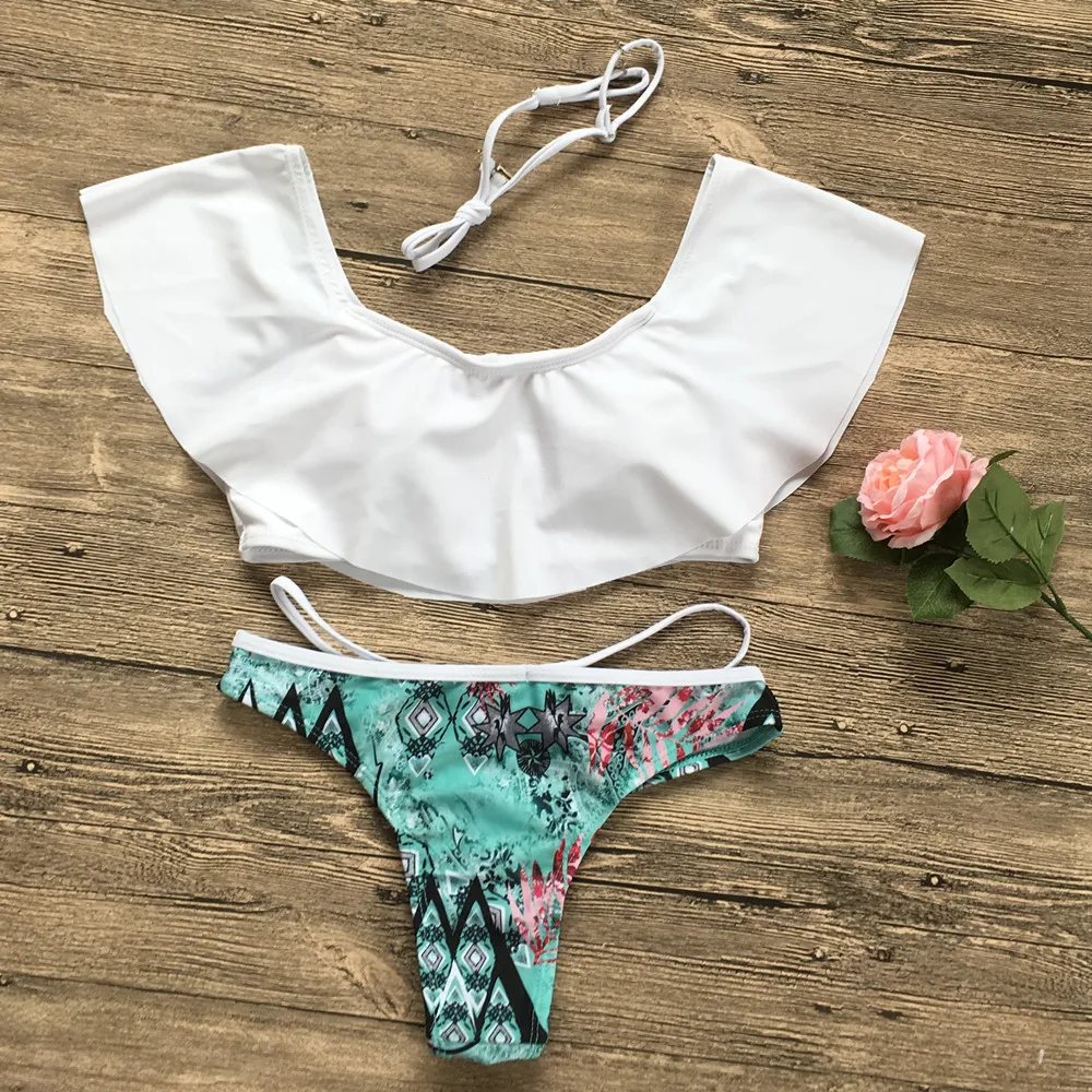 

High Waist Swimsuit 2018 Sexy Bikinis Women Swimwear Ruffle Vintage Bandeau Striped Bottom Bikini Set Bathing Suits