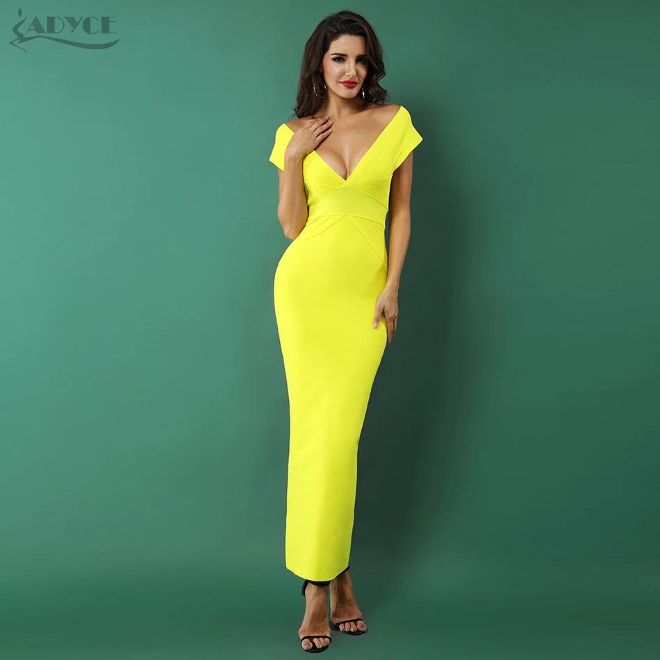 

Adyce 2019 Elegant Women Bandage Dress Sexy Yellow Sleeveless V Neck Nightclub Celebrity Party Dress Woman Maxi Dress Vestidos
