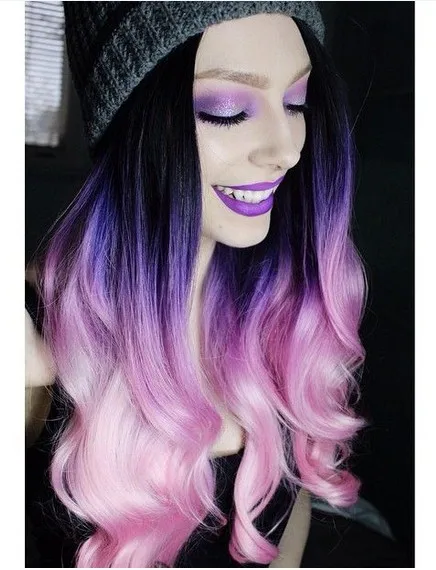 Mimihairfashion Purple Ombre Pink Wig Dark Roots Long Silky Wave