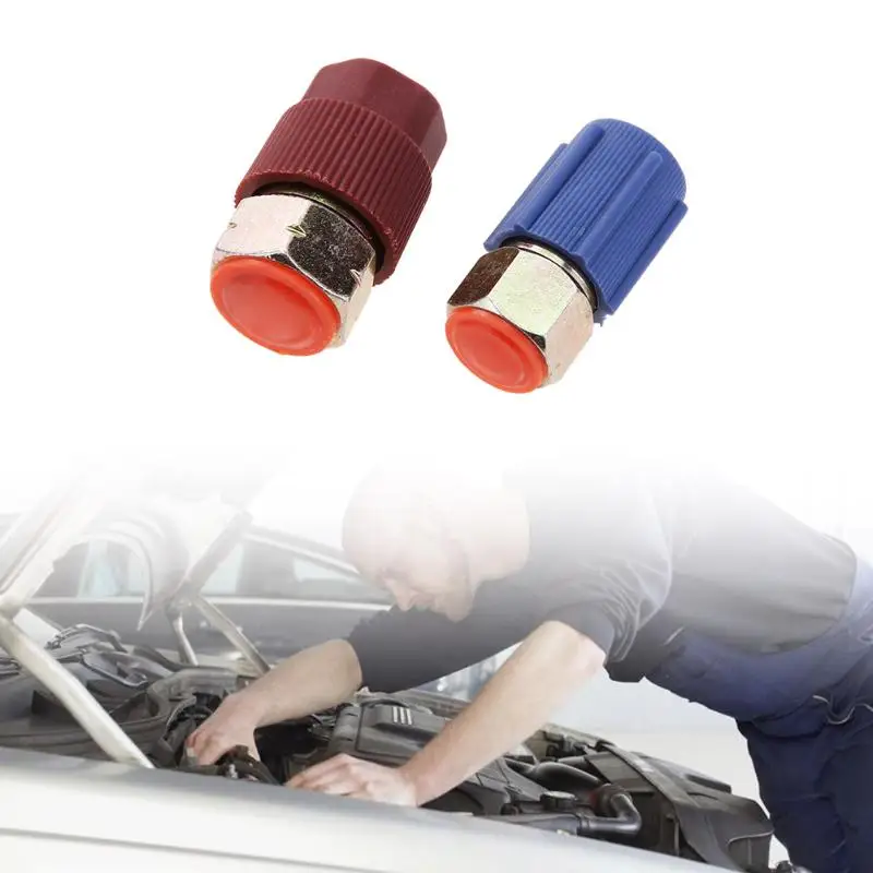 Red Blue Car Retrofit 7/16 to 3/8 Conversion Adapter R12 to R134a High/Low Voltage AC Fitting for Automobiles Air Conditioner