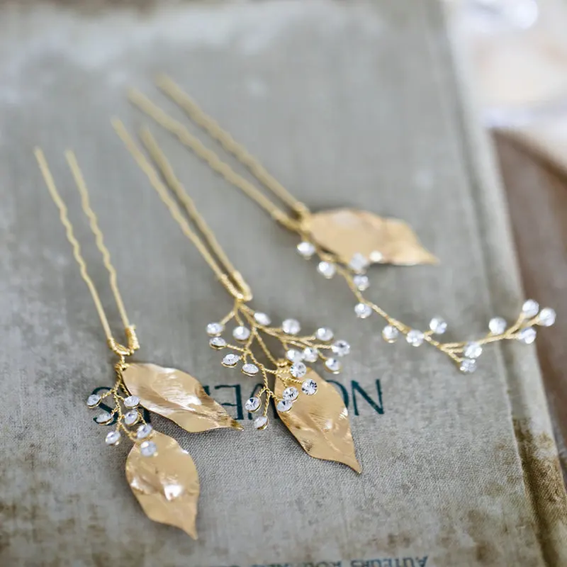 

3Pcs/set Gold Leaf Rhinestone Bridal Hairpin Wedding Hair Accessories