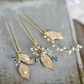 

3Pcs/set Gold Leaf Rhinestone Bridal Hairpin Wedding Hair Accessories